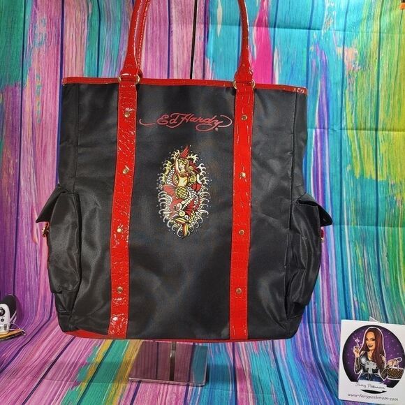 Christian Audigier Black and Red Shoulder Bag with Ed Hardy Mermaid - Picture 1 of 14